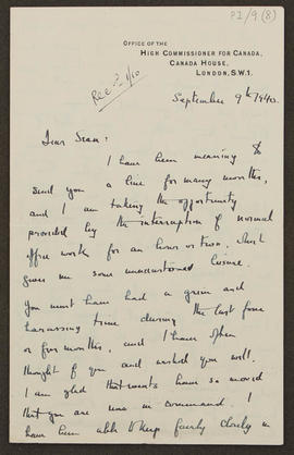 Letter from Humphrey Hume Wrong, Canadian Advisory Officer to the League of Nations, to Seán Lest...